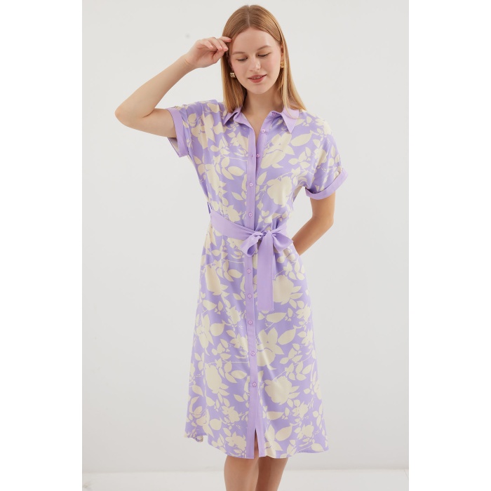 2455 Desenli Gömlek Elbise - Lila