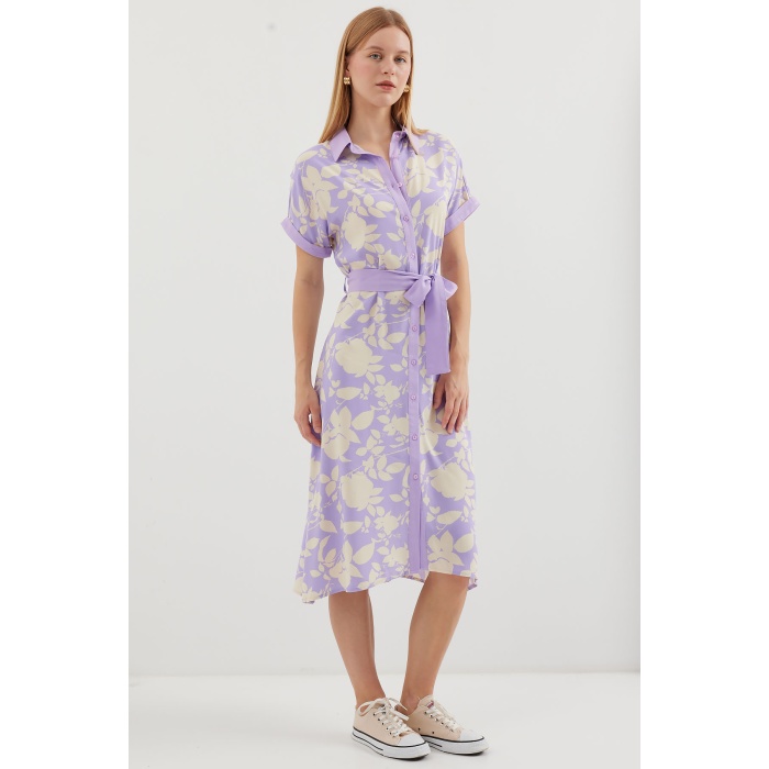 2455 Desenli Gömlek Elbise - Lila