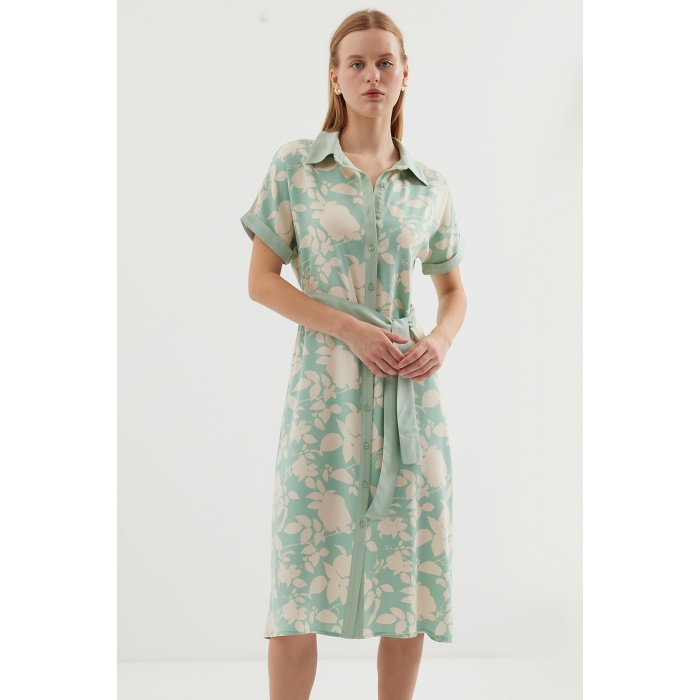 2455 Desenli Gömlek Elbise - Çağla