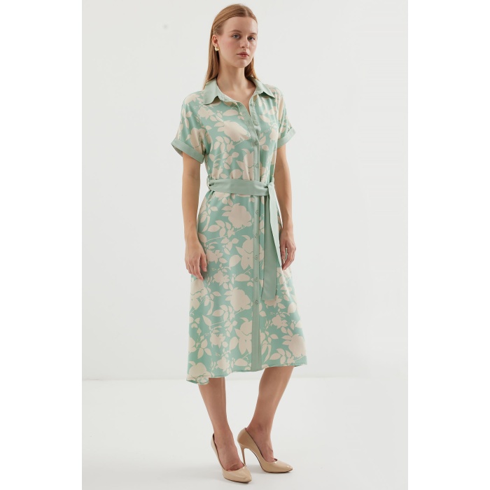 2455 Desenli Gömlek Elbise - Çağla