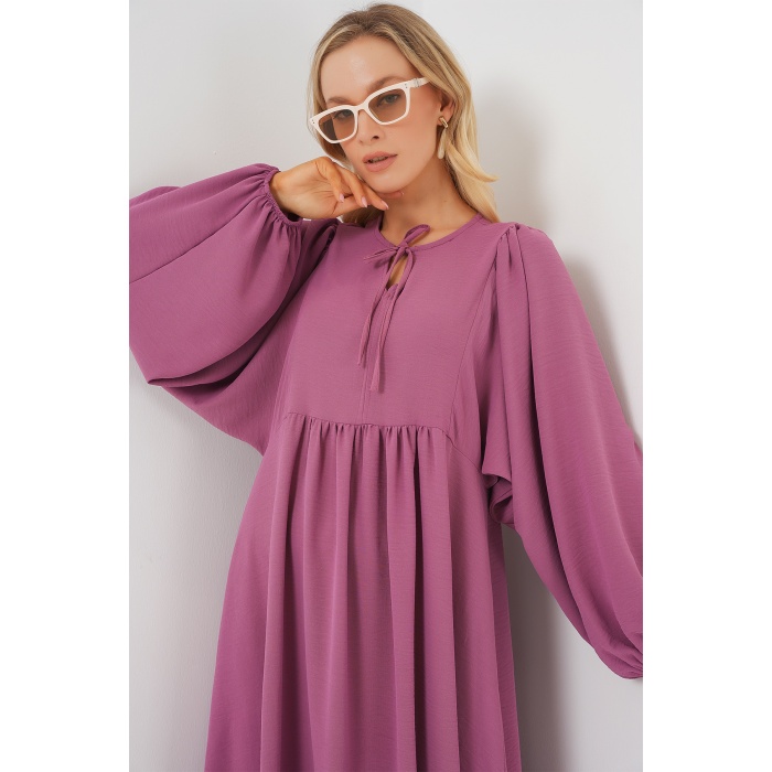 Kadın Balon Kol Uzun Tesettür Elbise 2464 - Gül Kurusu