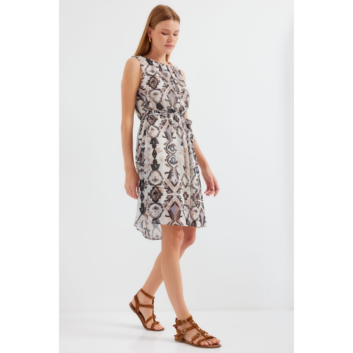 2501 Desenli Sıfır Kol Şifon Elbise - Siyah