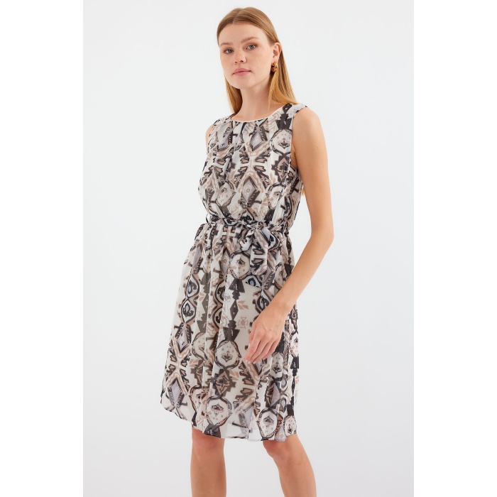 2501 Desenli Sıfır Kol Şifon Elbise - Siyah