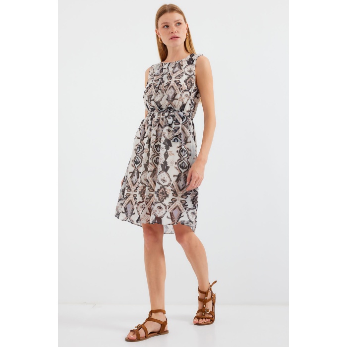 2501 Desenli Sıfır Kol Şifon Elbise - Siyah