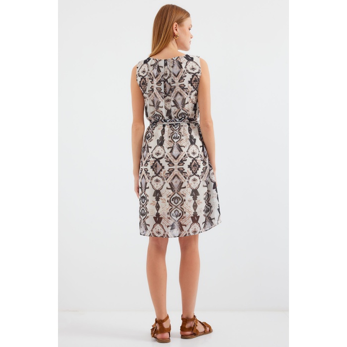 2501 Desenli Sıfır Kol Şifon Elbise - Siyah