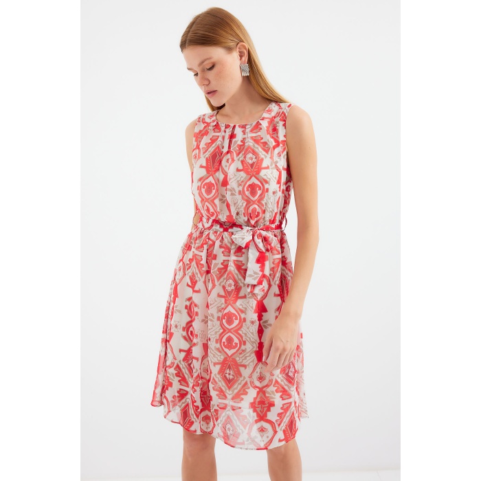 2501 Desenli Sıfır Kol Şifon Elbise - Kırmızı