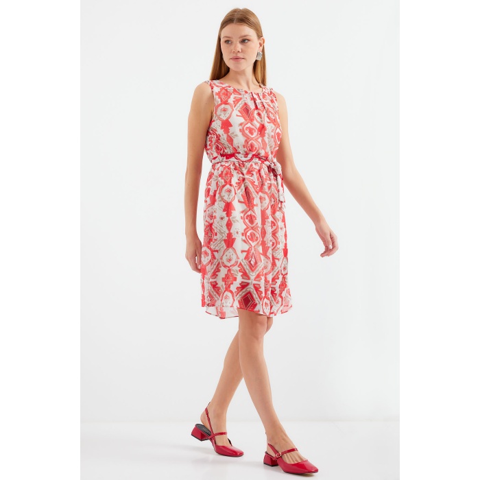 2501 Desenli Sıfır Kol Şifon Elbise - Kırmızı