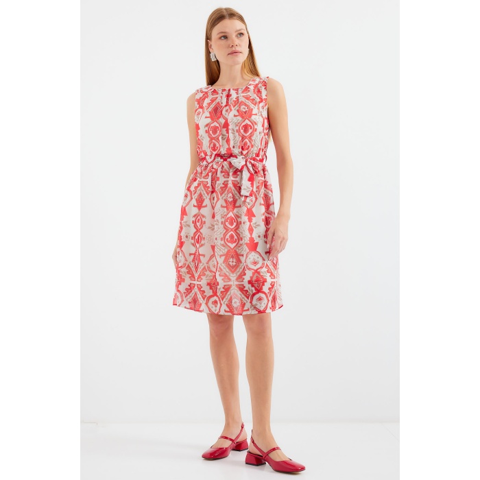 2501 Desenli Sıfır Kol Şifon Elbise - Kırmızı