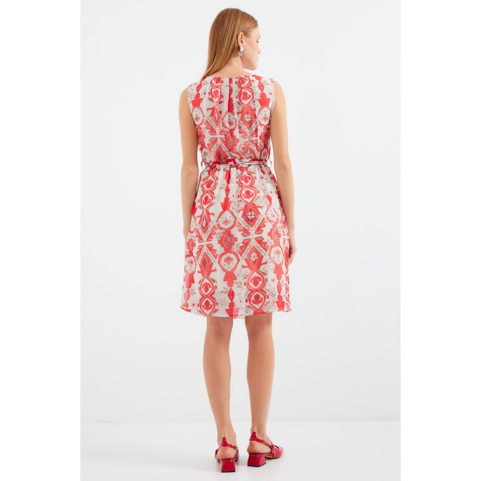 2501 Desenli Sıfır Kol Şifon Elbise - Kırmızı