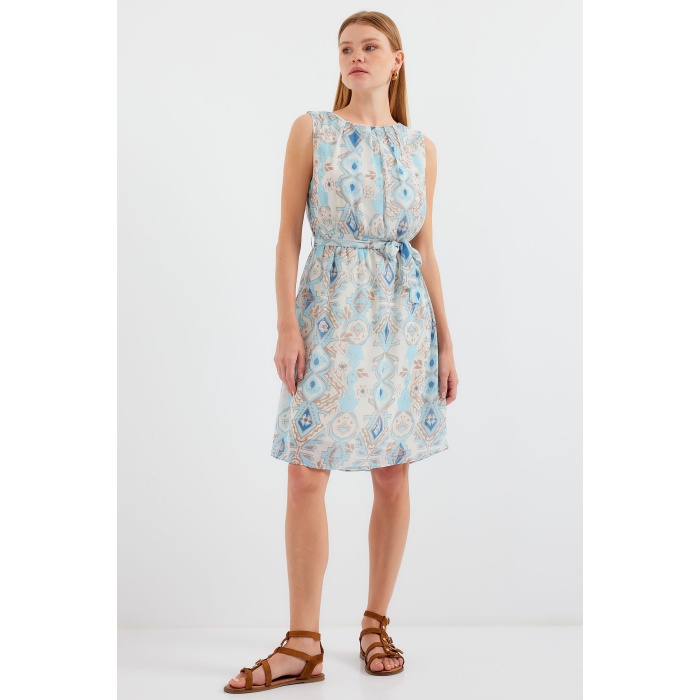 2501 Desenli Sıfır Kol Şifon Elbise - Mavi