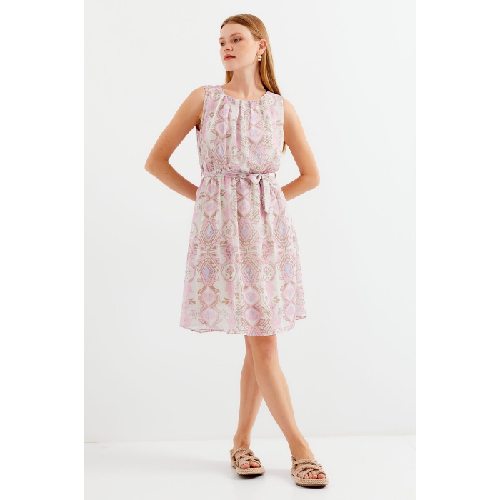 2501 Desenli Sıfır Kol Şifon Elbise - Pembe
