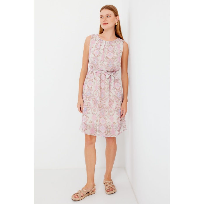 2501 Desenli Sıfır Kol Şifon Elbise - Pembe