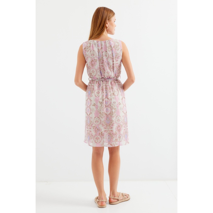 2501 Desenli Sıfır Kol Şifon Elbise - Pembe