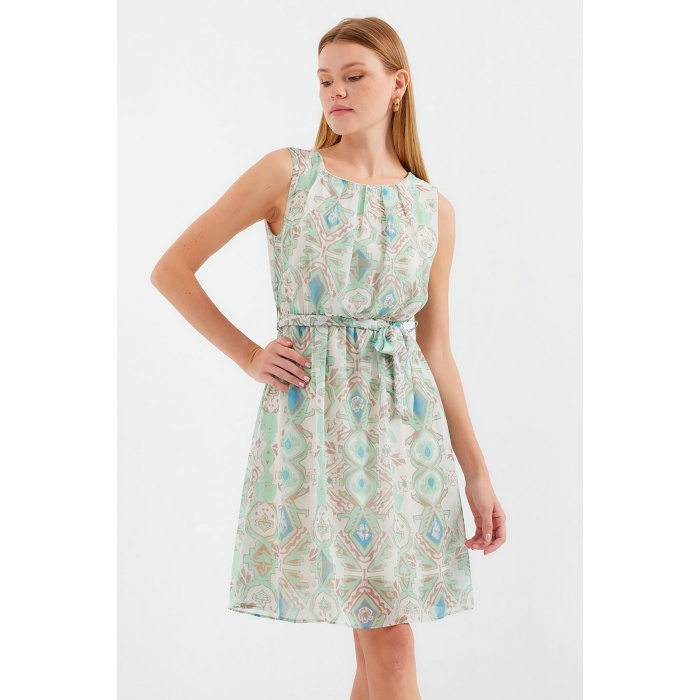 2501 Desenli Sıfır Kol Şifon Elbise - Mint