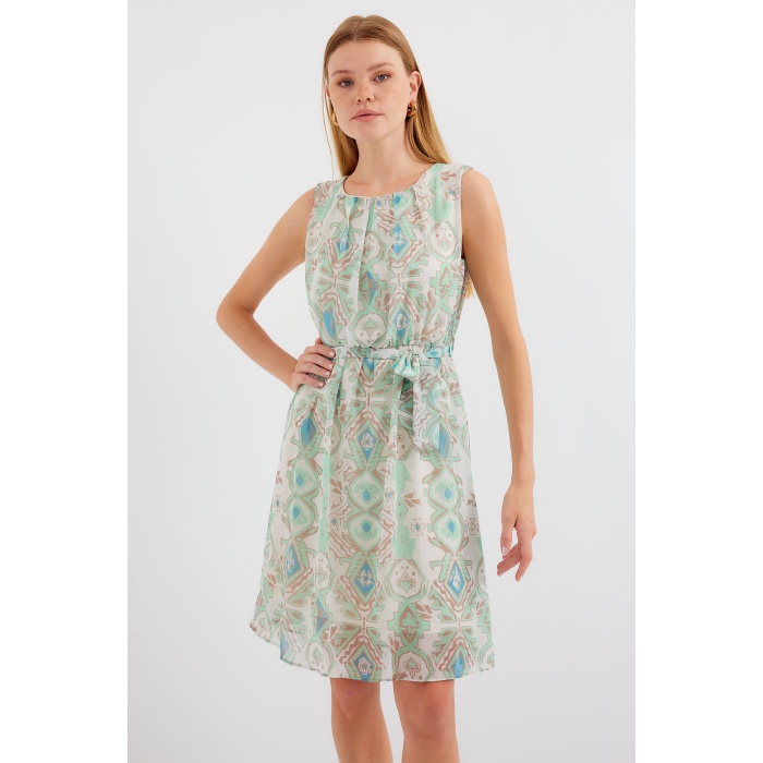 2501 Desenli Sıfır Kol Şifon Elbise - Mint