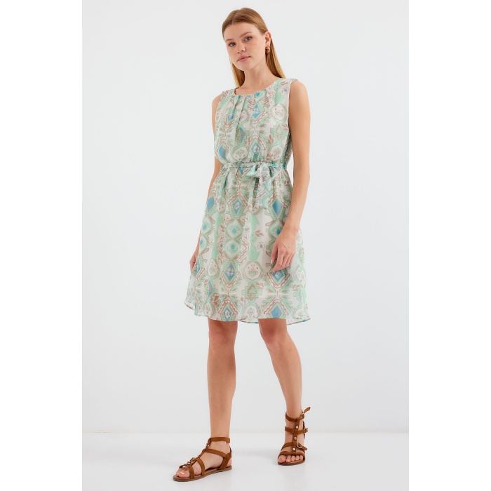 2501 Desenli Sıfır Kol Şifon Elbise - Mint