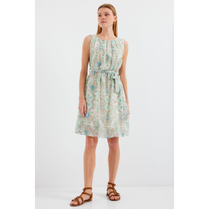 2501 Desenli Sıfır Kol Şifon Elbise - Mint