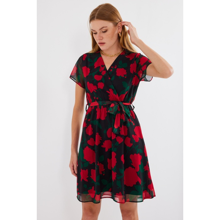 2502 Kısa Kol Desenli Şifon Elbise - Siyah