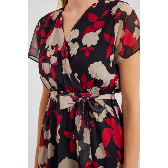 2502 Kısa Kol Desenli Şifon Elbise - Bordo