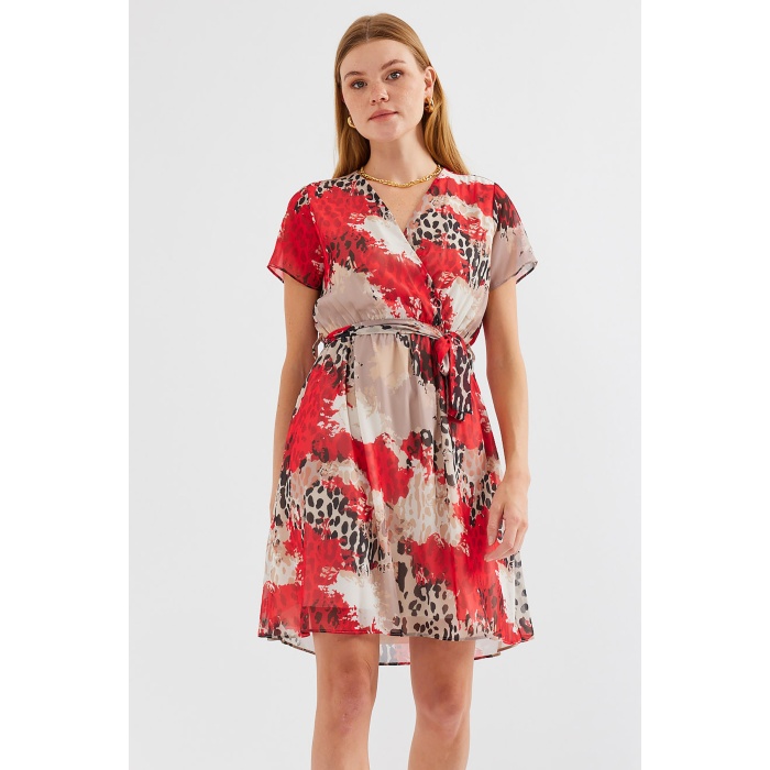2502 Kısa Kol Desenli Şifon Elbise - Kırmızı