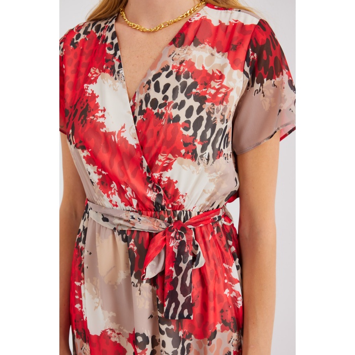 2502 Kısa Kol Desenli Şifon Elbise - Kırmızı