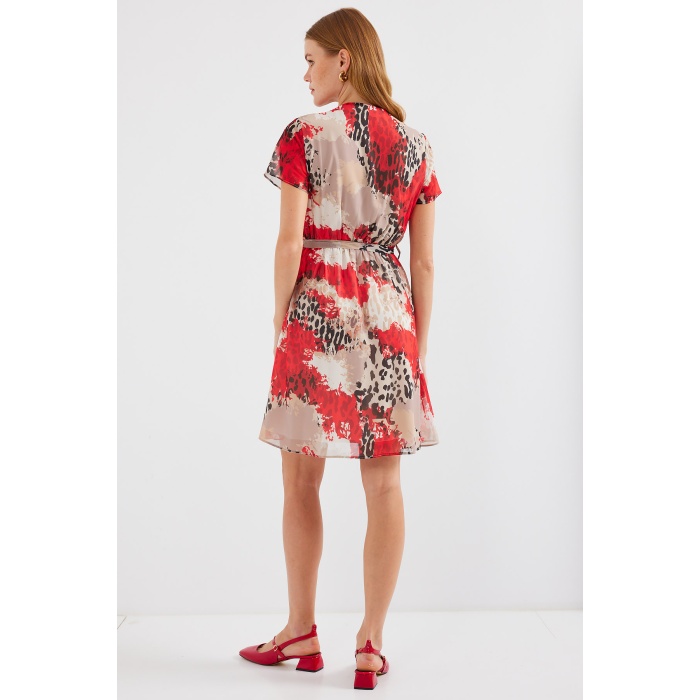 2502 Kısa Kol Desenli Şifon Elbise - Kırmızı