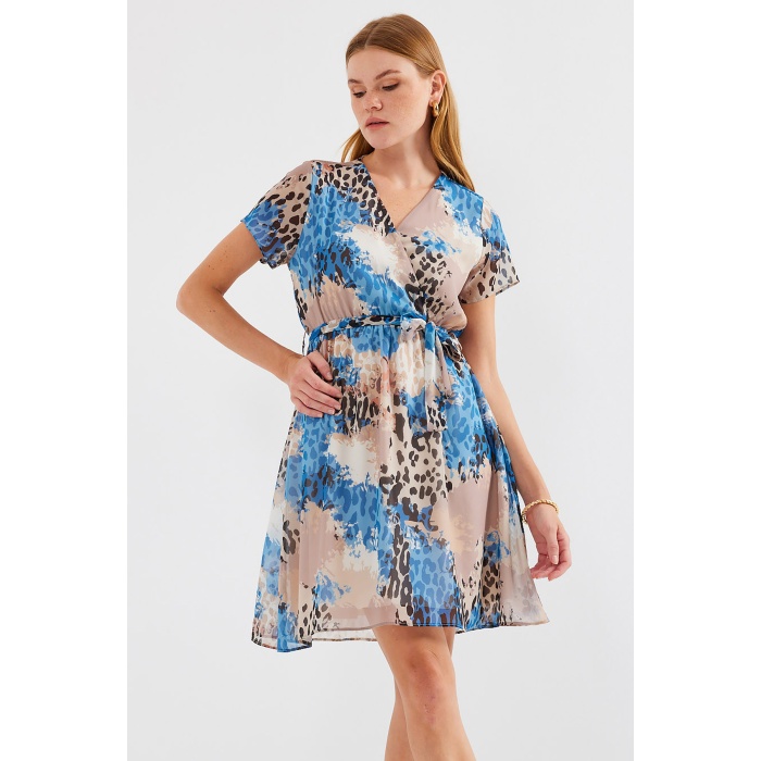 2502 Kısa Kol Desenli Şifon Elbise - Mavi