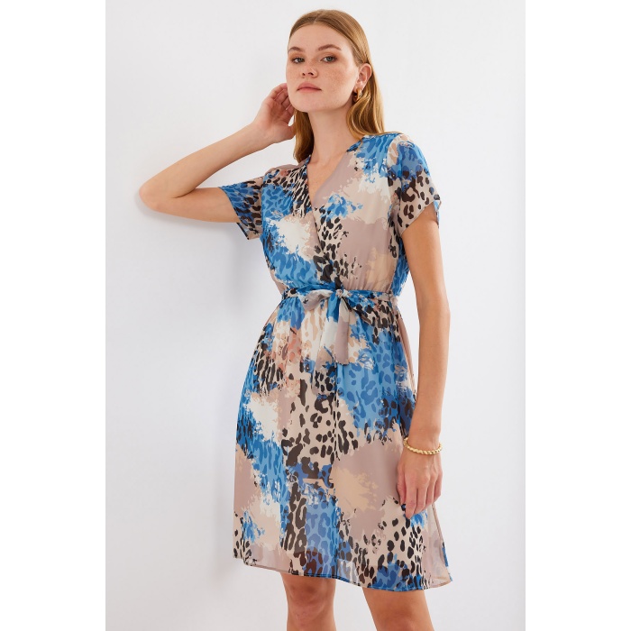 2502 Kısa Kol Desenli Şifon Elbise - Mavi