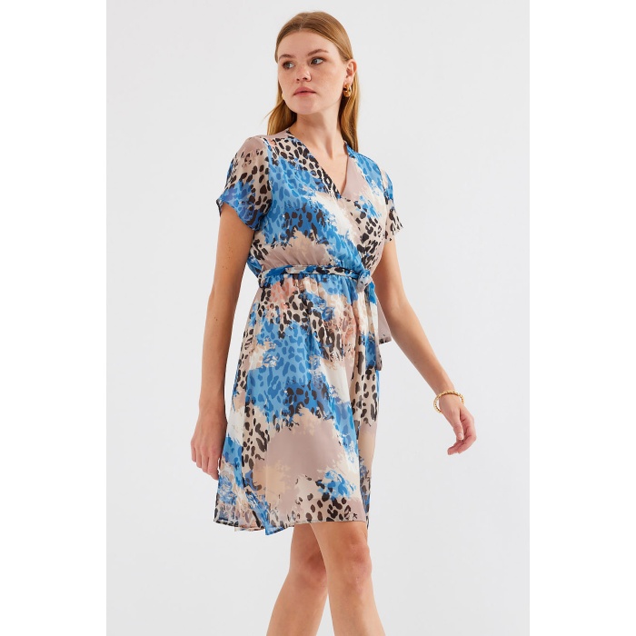 2502 Kısa Kol Desenli Şifon Elbise - Mavi