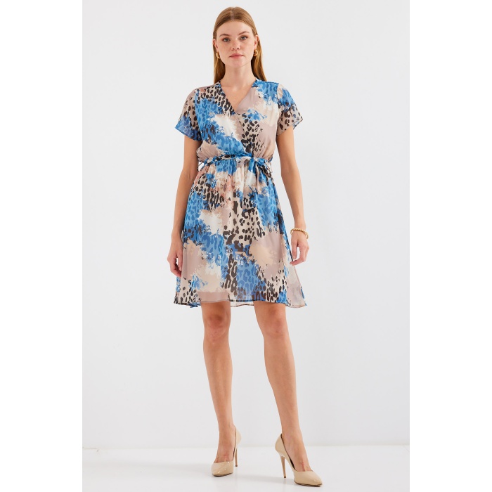 2502 Kısa Kol Desenli Şifon Elbise - Mavi