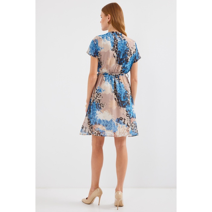 2502 Kısa Kol Desenli Şifon Elbise - Mavi