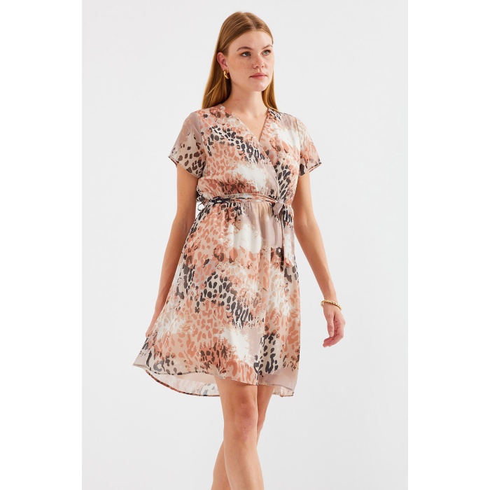 2502 Kısa Kol Desenli Şifon Elbise - Bej