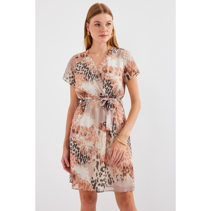 2502 Kısa Kol Desenli Şifon Elbise - Bej