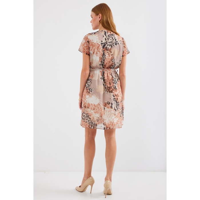 2502 Kısa Kol Desenli Şifon Elbise - Bej