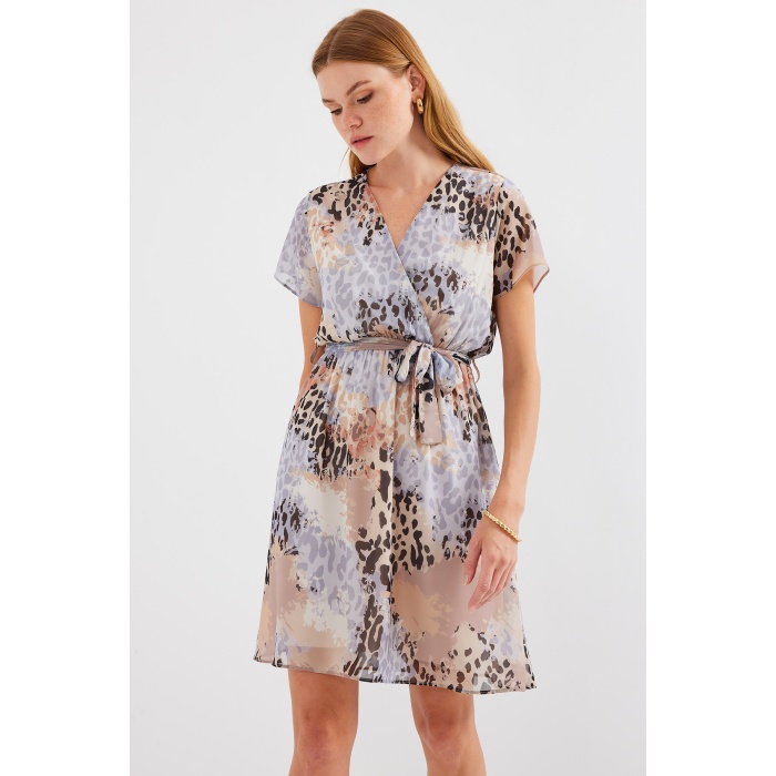 2502 Kısa Kol Desenli Şifon Elbise - Gri