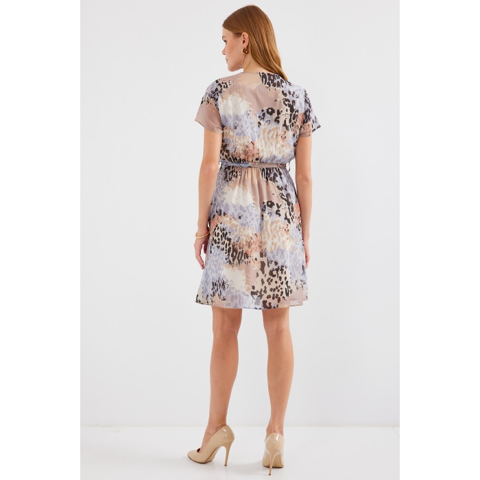 2502 Kısa Kol Desenli Şifon Elbise - Gri