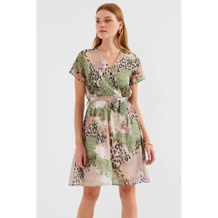 2502 Kısa Kol Desenli Şifon Elbise - Çağla