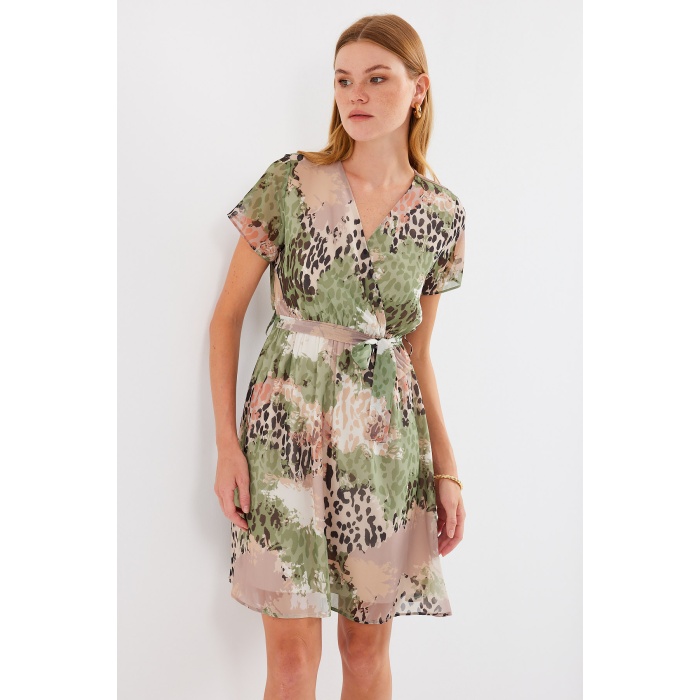 2502 Kısa Kol Desenli Şifon Elbise - Çağla