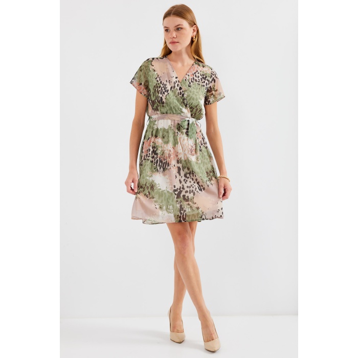 2502 Kısa Kol Desenli Şifon Elbise - Çağla