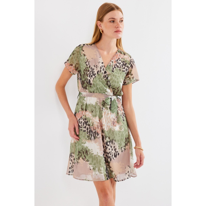 2502 Kısa Kol Desenli Şifon Elbise - Çağla