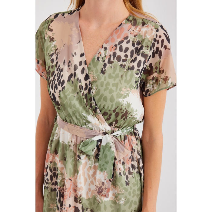 2502 Kısa Kol Desenli Şifon Elbise - Çağla