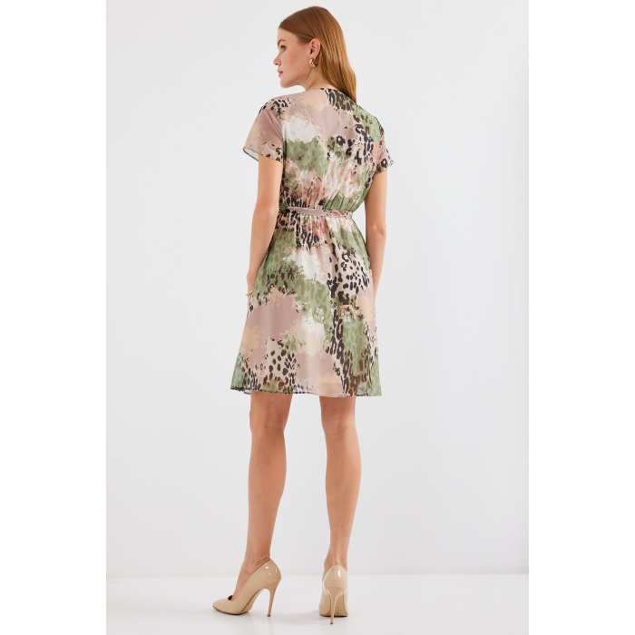 2502 Kısa Kol Desenli Şifon Elbise - Çağla