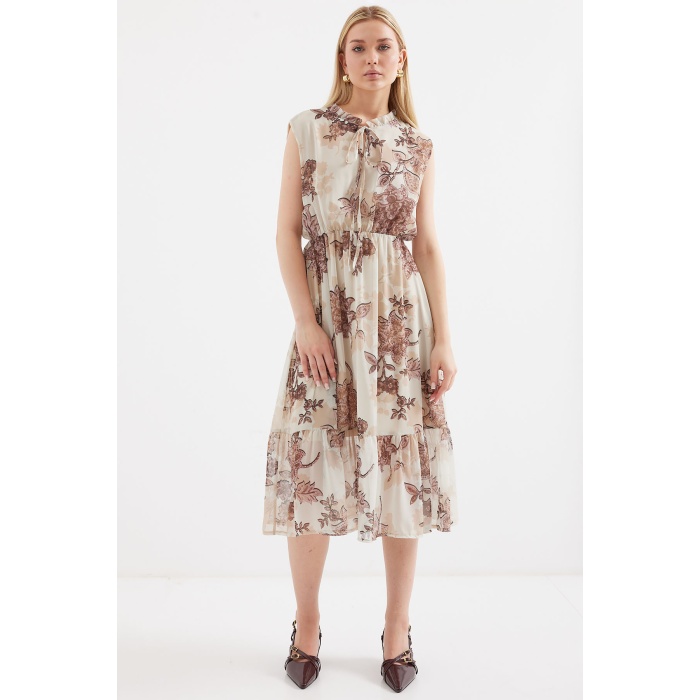 2503 Desenli Sıfır Kol Şifon Elbise - Kahverengi