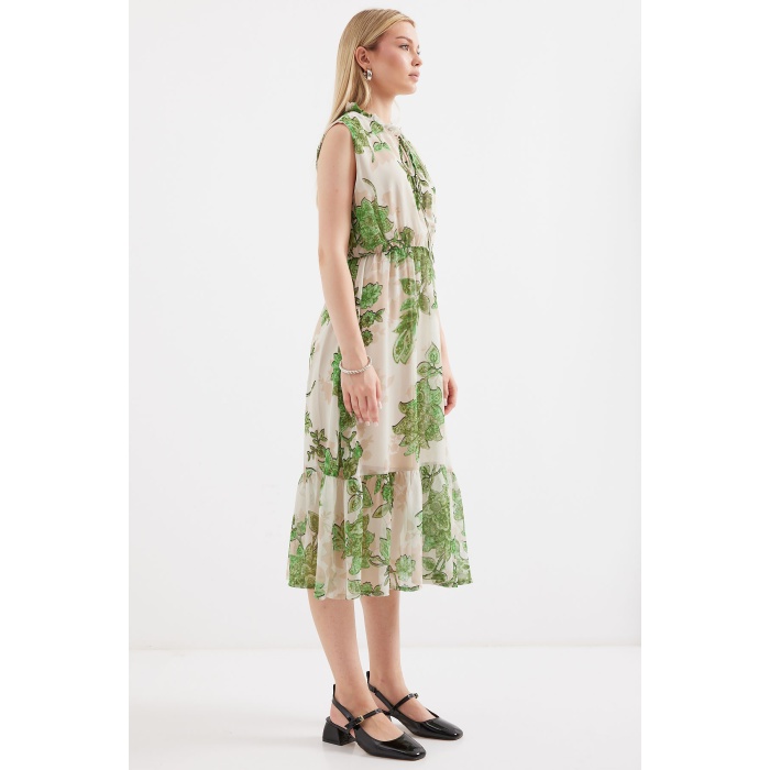 2503 Desenli Sıfır Kol Şifon Elbise - Yeşil