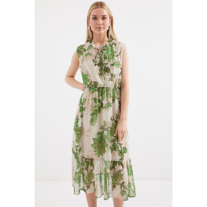 2503 Desenli Sıfır Kol Şifon Elbise - Yeşil