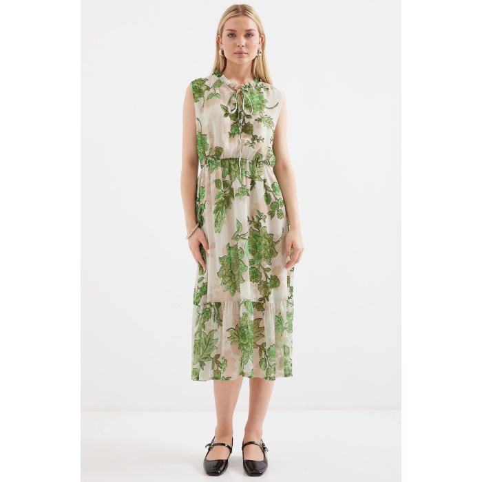 2503 Desenli Sıfır Kol Şifon Elbise - Yeşil