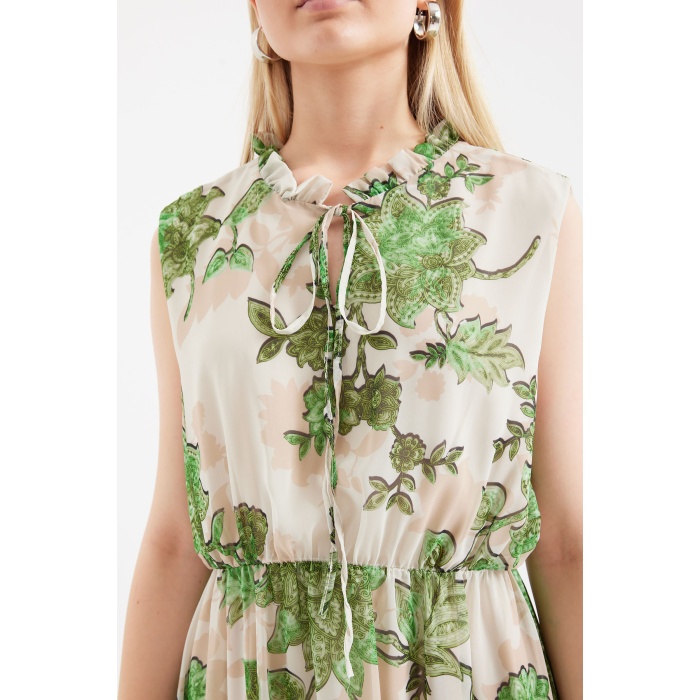 2503 Desenli Sıfır Kol Şifon Elbise - Yeşil