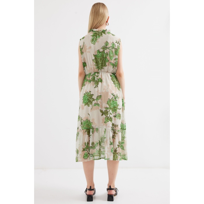 2503 Desenli Sıfır Kol Şifon Elbise - Yeşil