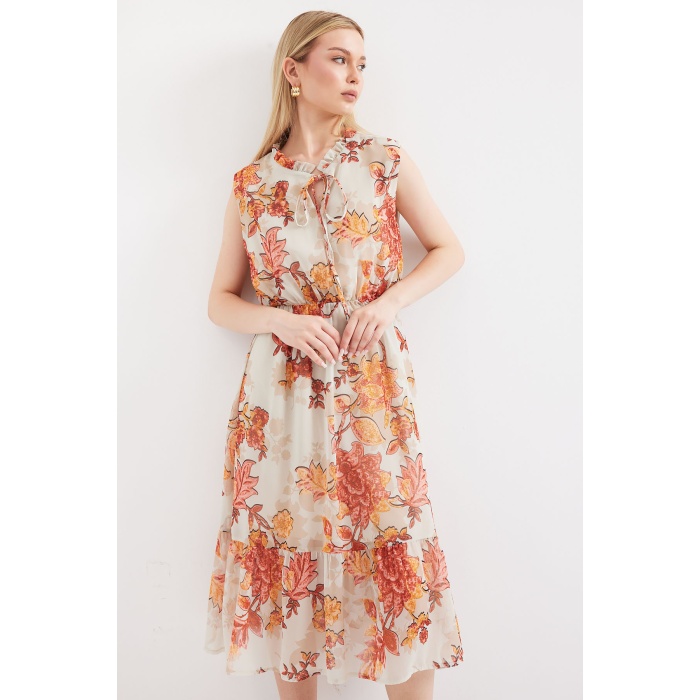 2503 Desenli Sıfır Kol Şifon Elbise - Kiremit