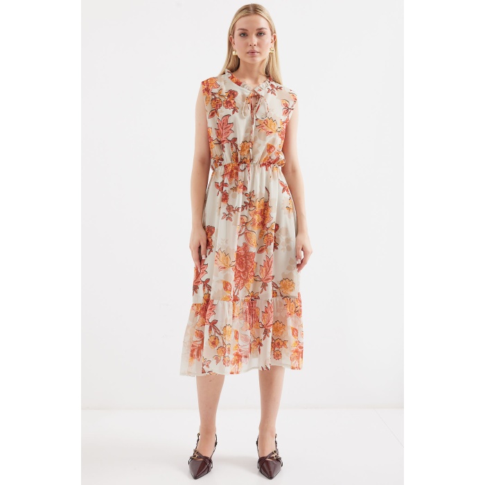 2503 Desenli Sıfır Kol Şifon Elbise - Kiremit